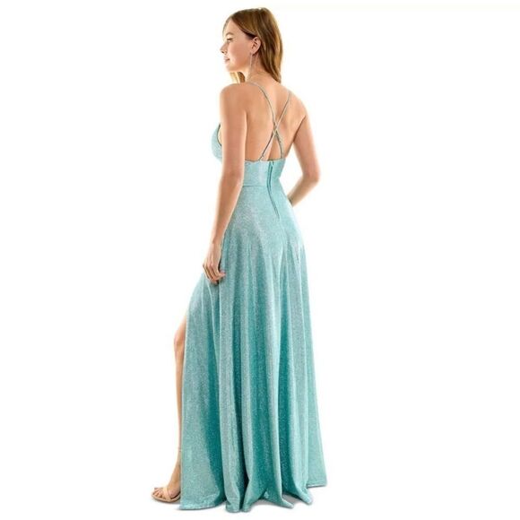 B DARLIN Juniors' High-Slit Glitter Long Gown Seafoam Silver NWD 1/2 - Picture 2 of 10